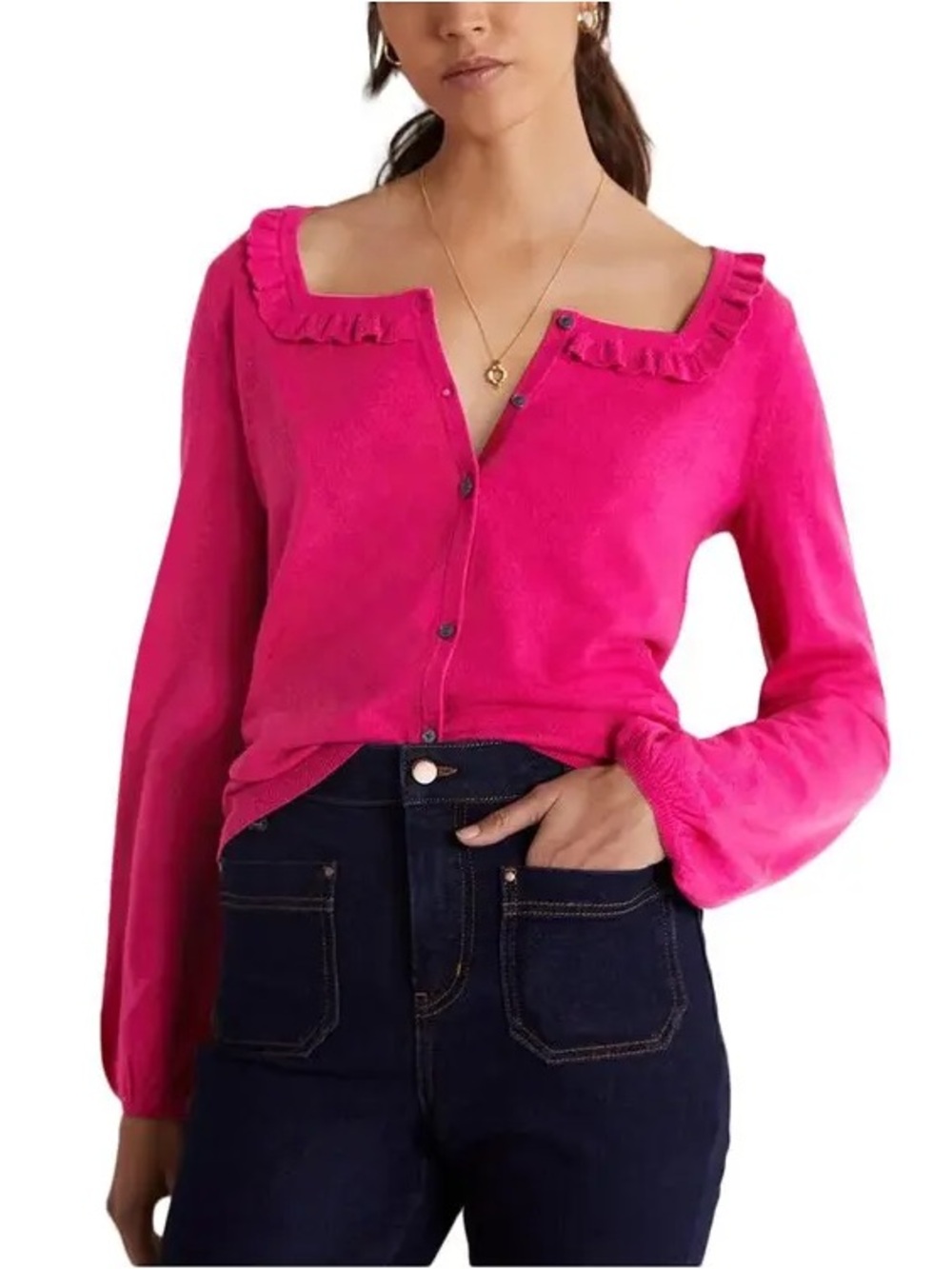 Boden - Bright Pink Purple Square Ruffle Neck Button Down Merino Cardigan SZ 8